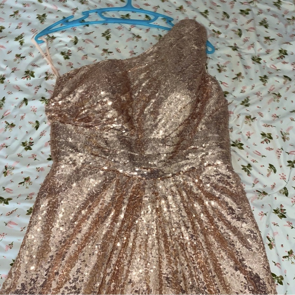 Gold Ruched Sequin High-Low Gown for Cocktail